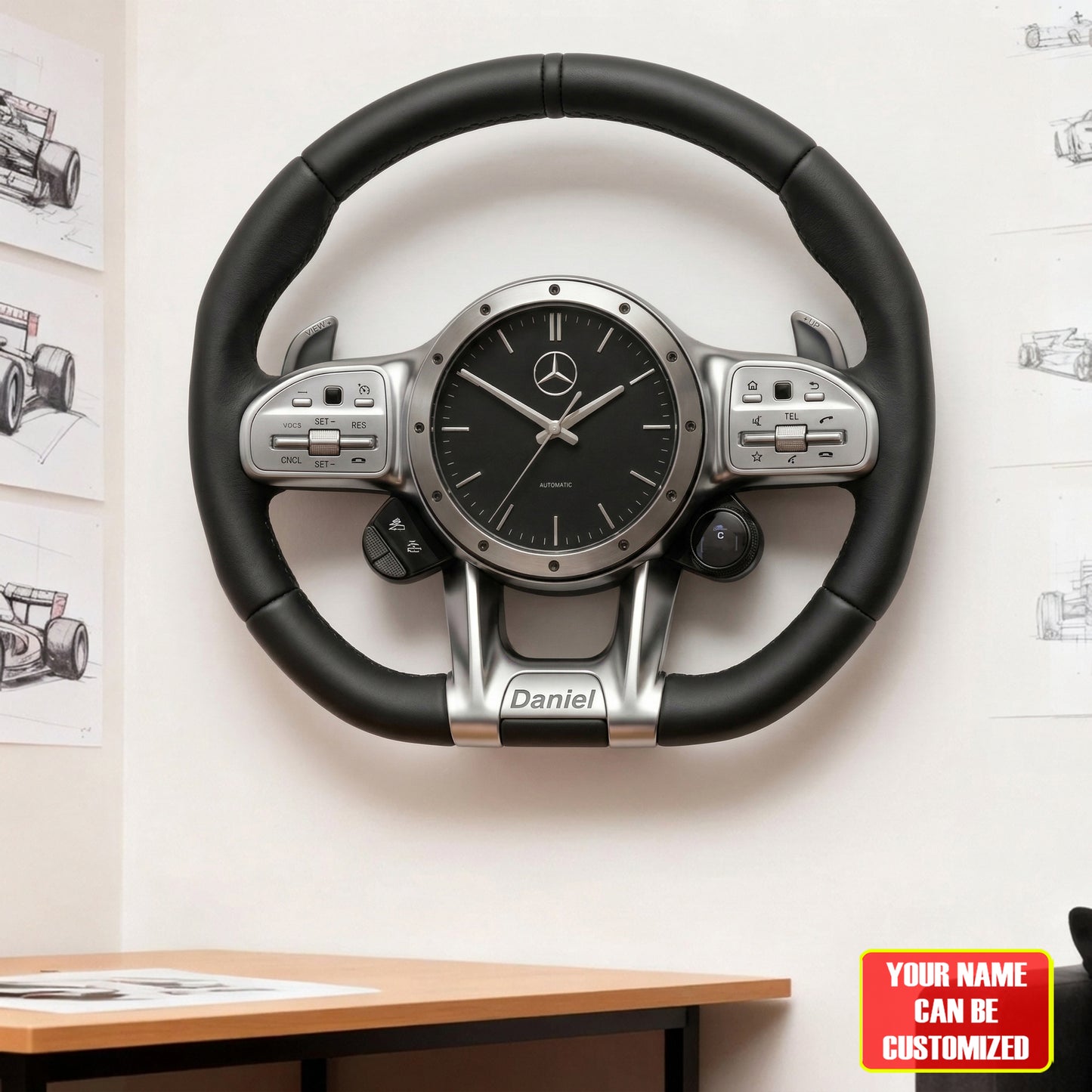 Merc Steering Wheel Home Decorative 3D Visual Effect Acrylic Wall Clock
