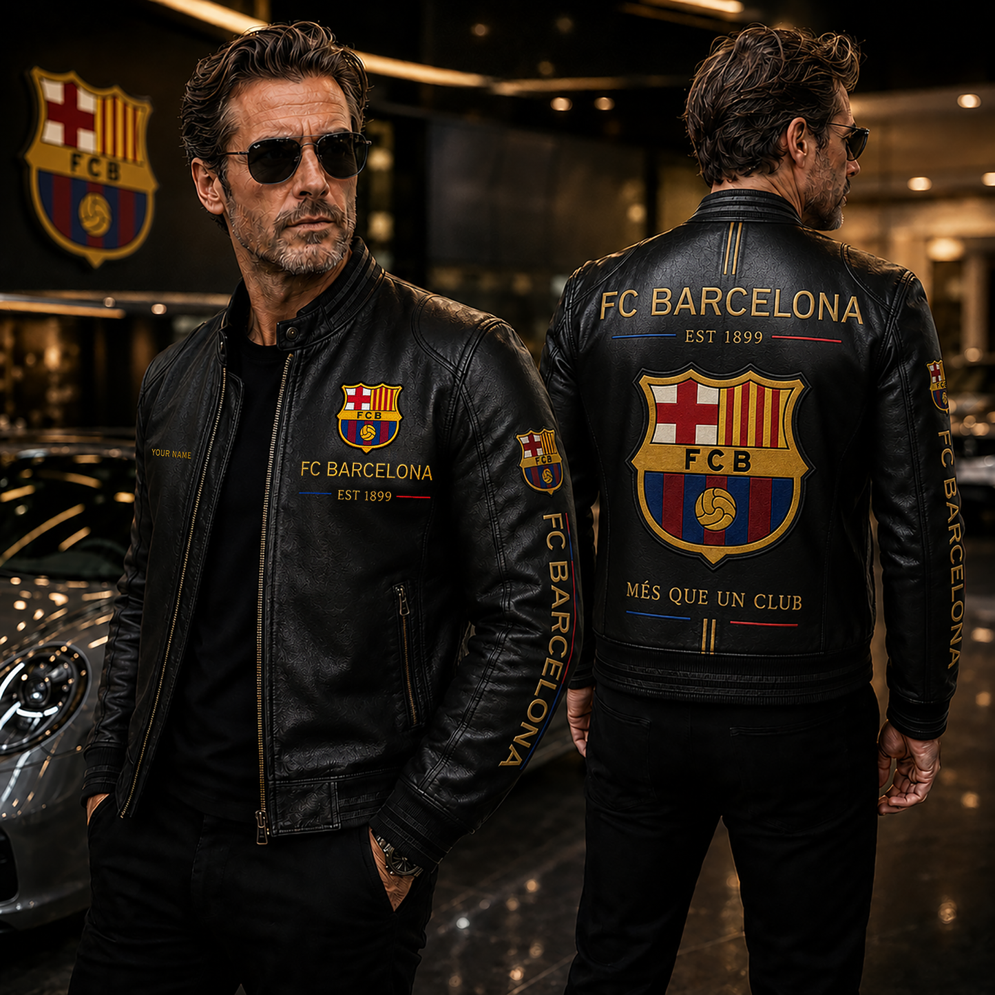 Barca FC Personalized Edition Vintage Collar Leather Jacket