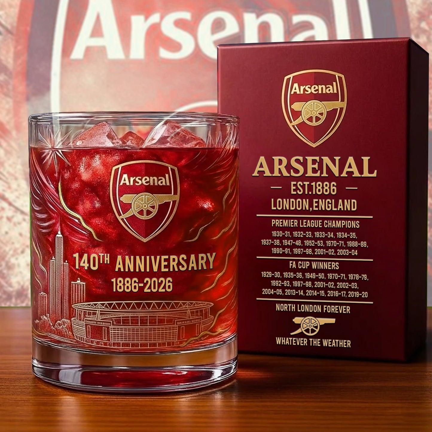 Personalized Arsenal 140 Years Anniversary Whisky , Arsenal Whiskey Glass V10