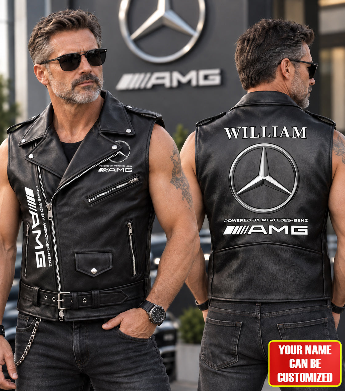 Personalized Merc AMG Belt Zipper Sleeveless Leather Vest Jacket