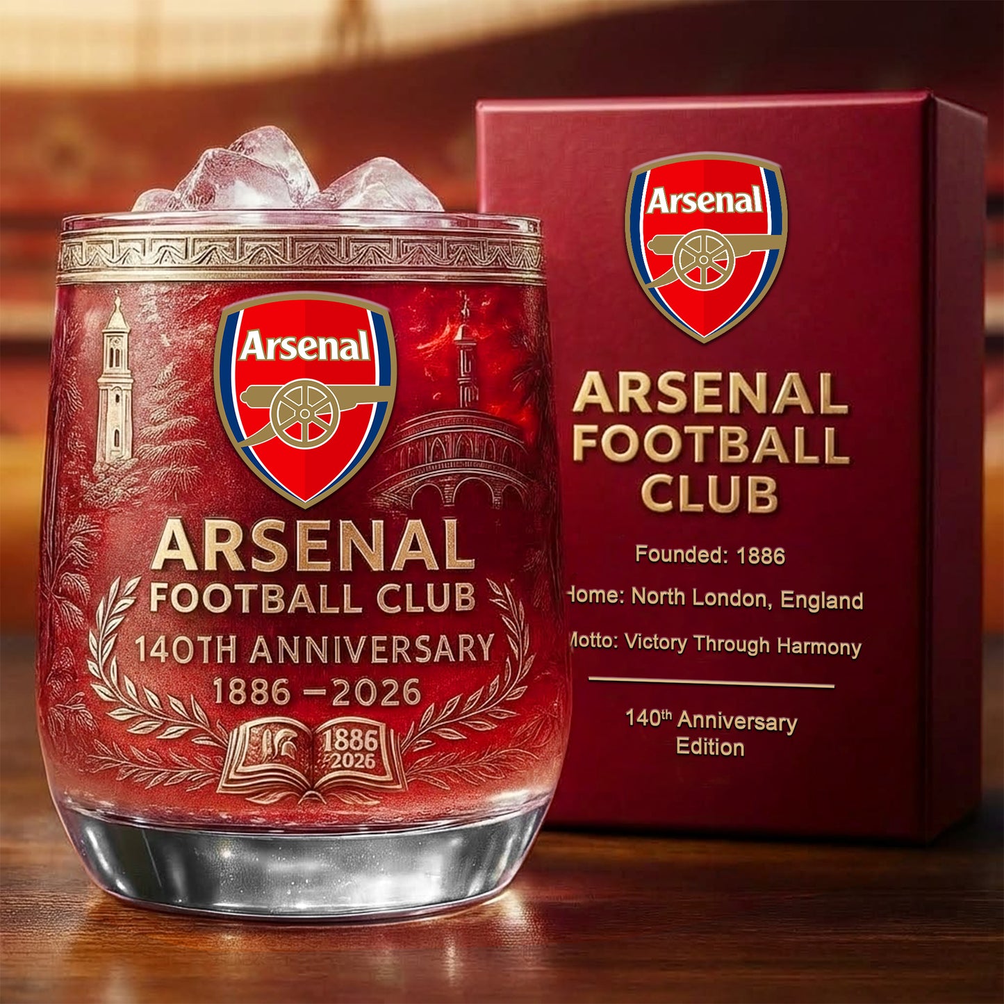 Personalized Arsenal 140 Years Anniversary Whisky , Arsenal Anniversary Edition Whiskey Glass