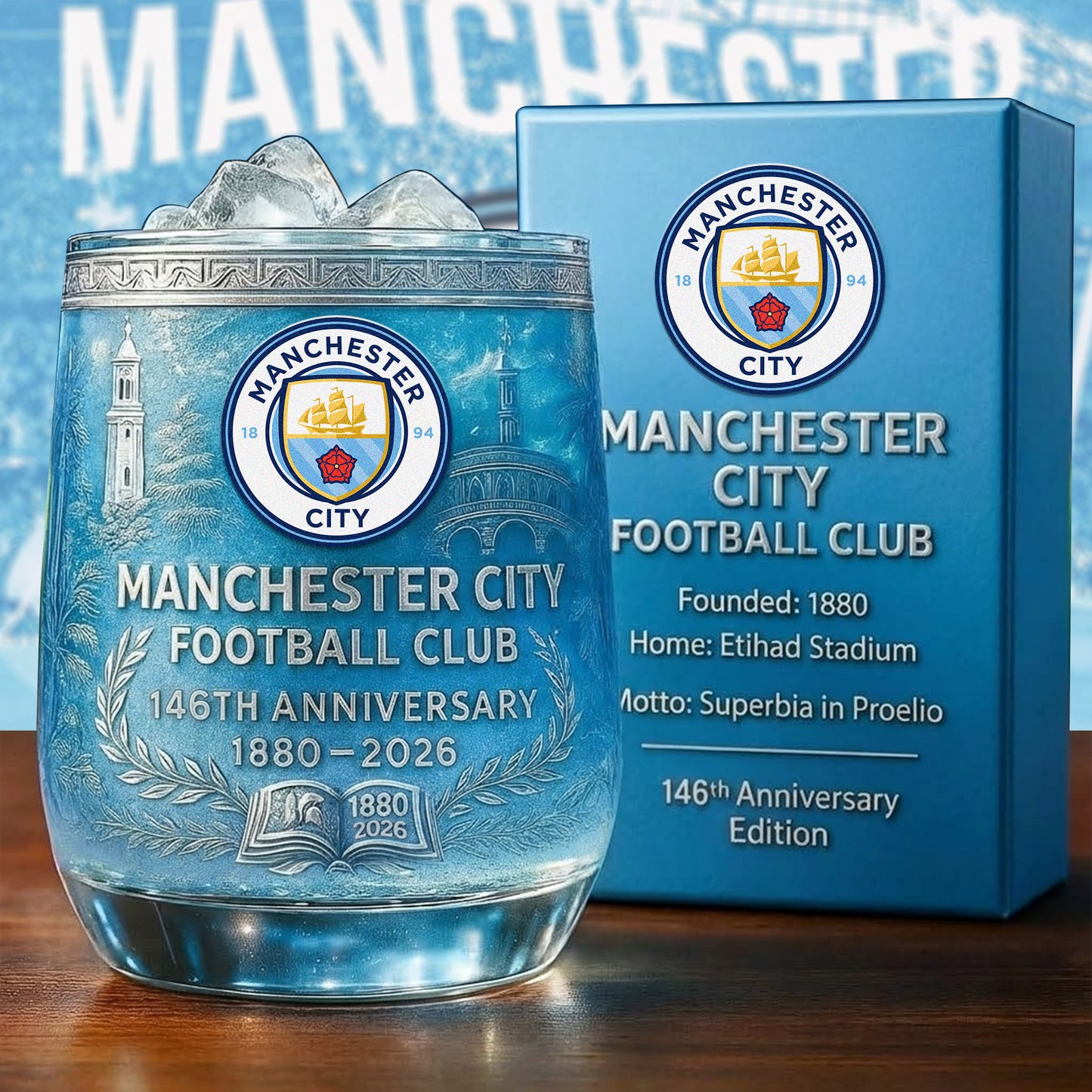 Personalized Man City 146 Years Anniversary Whisky , Man City Anniversary Edition Whiskey Glass