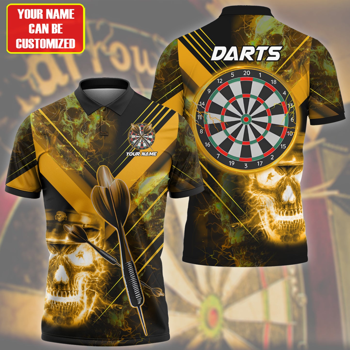 Personalized Name Skull Darts Lighning Yellow Version All Over Printed Unisex Shirt Q180603