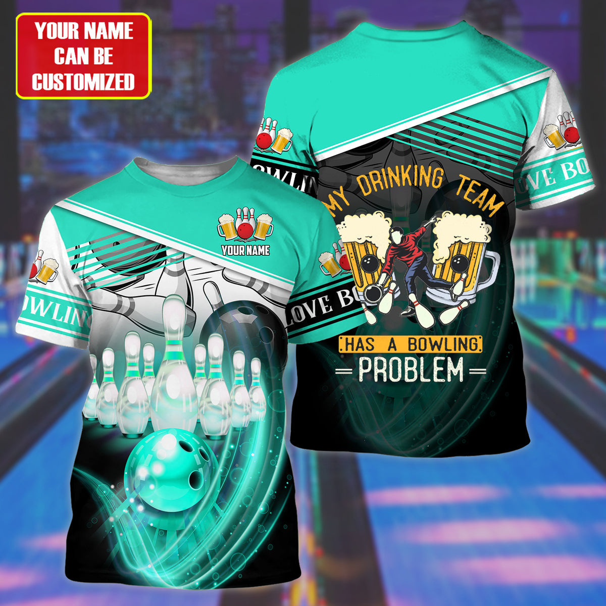 Personalized Name Teal Bowling Drinking All Over Printed Unisex Shirt