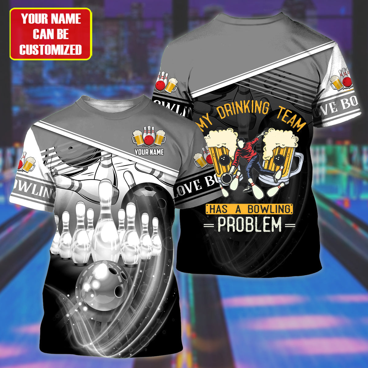Personalized Name Black Bowling Drinking All Over Printed Unisex Shirt