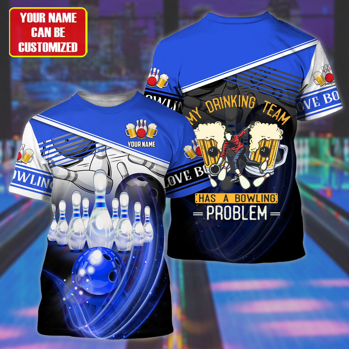 Personalized Name Blue Bowling Drinking All Over Printed Unisex Shirt