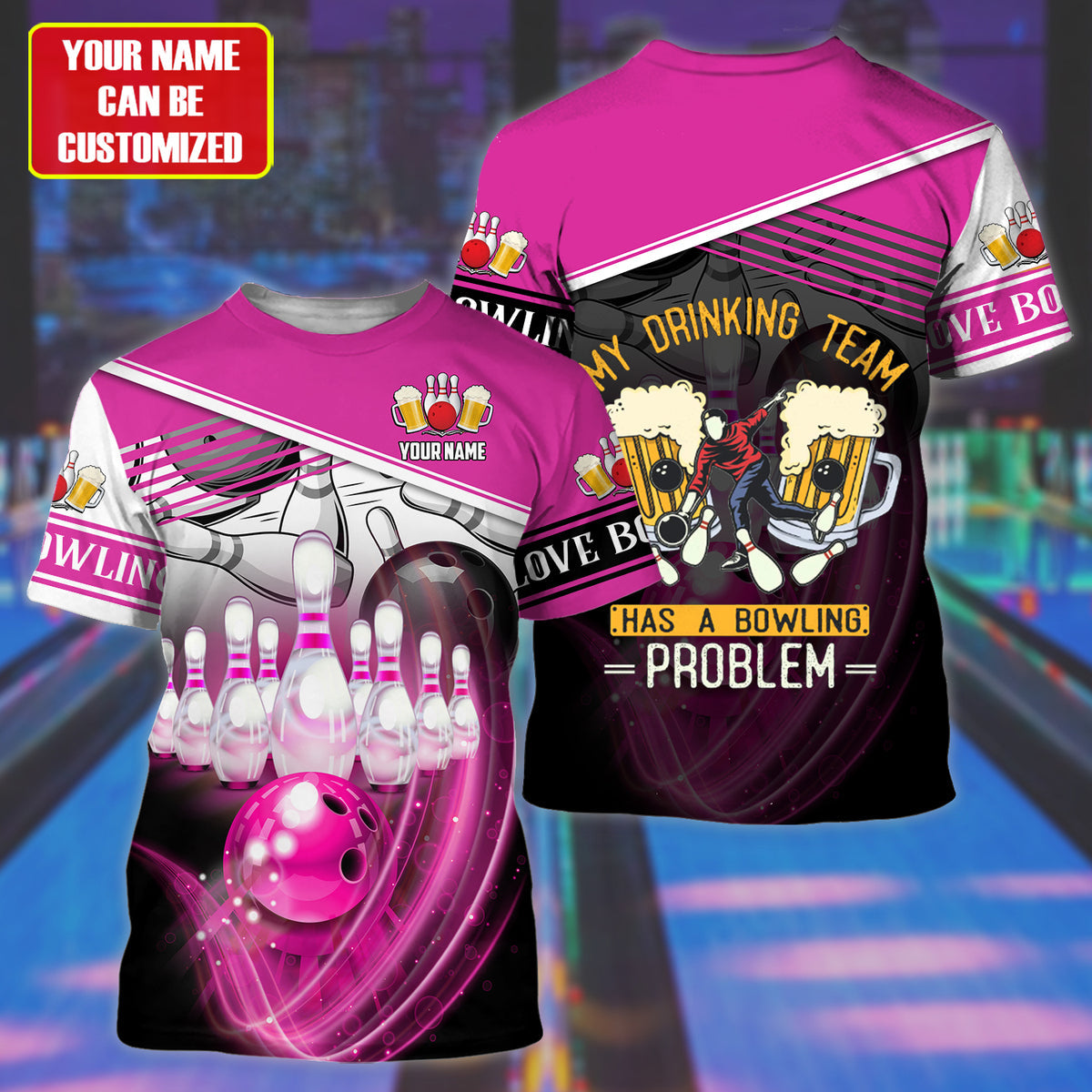 Personalized Name Pink Bowling Drinking All Over Printed Unisex Shirt