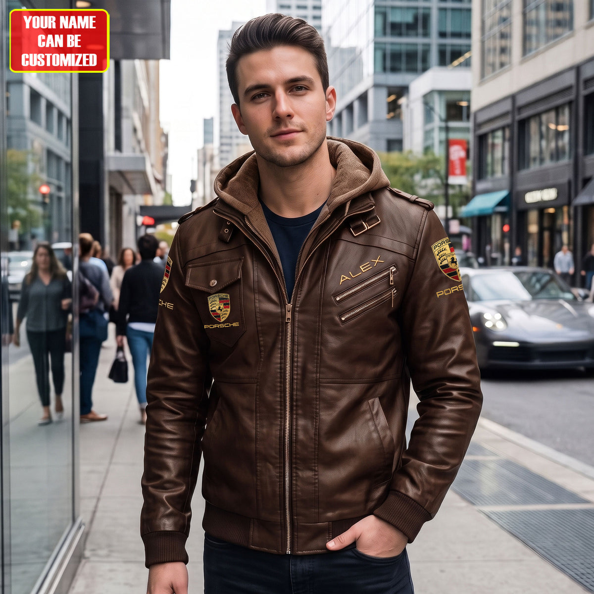 Personalized Pors 2026 Vintage Leather Jacket with Hood