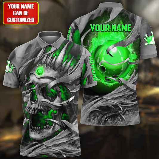 Personalized Name Green Skull Bowling All Over Printed Unisex Shirt Q250505