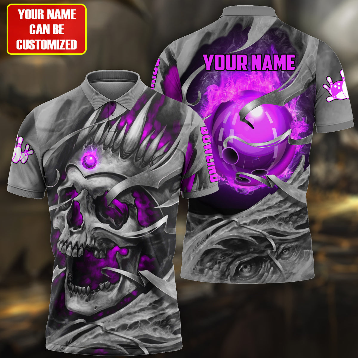 Personalized Name Purple Skull Bowling All Over Printed Unisex Shirt Q250505