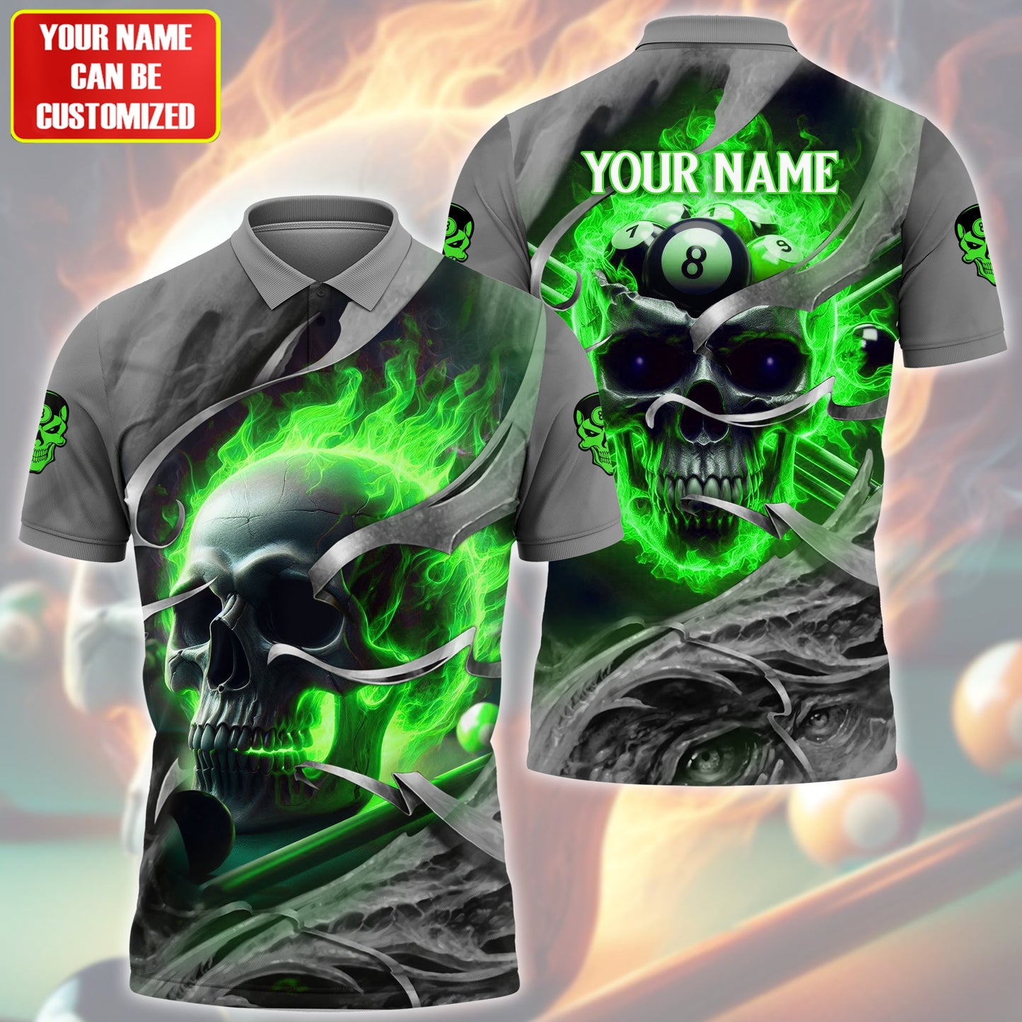 Personalized Name Skull Billiards Green Version All Over Printed Unisex Shirt QB030403