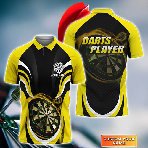 Darts Yellow SH Personalized Name 3D Polo Shirt For Darts Player, Dart Team Shirts
