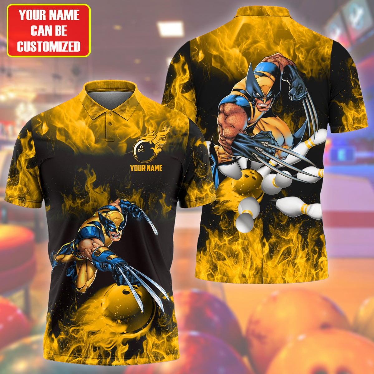 Personalized Name Wolv Fire Bowling Yellow Version All Over Printed Unisex Shirt S130614