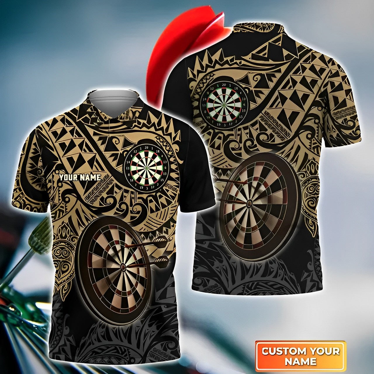 Brown Tattoo Darts Personalized Name 3D Polo Shirt For Darts Player, Dart Team Shirts S270712