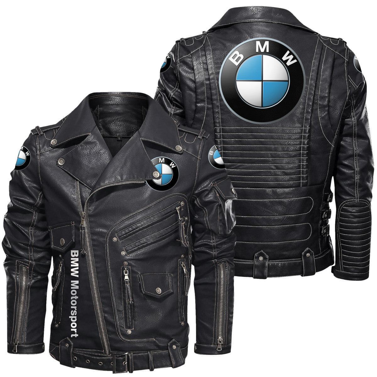 BW Belt Solid Zipper Street Leather Jacket S230904