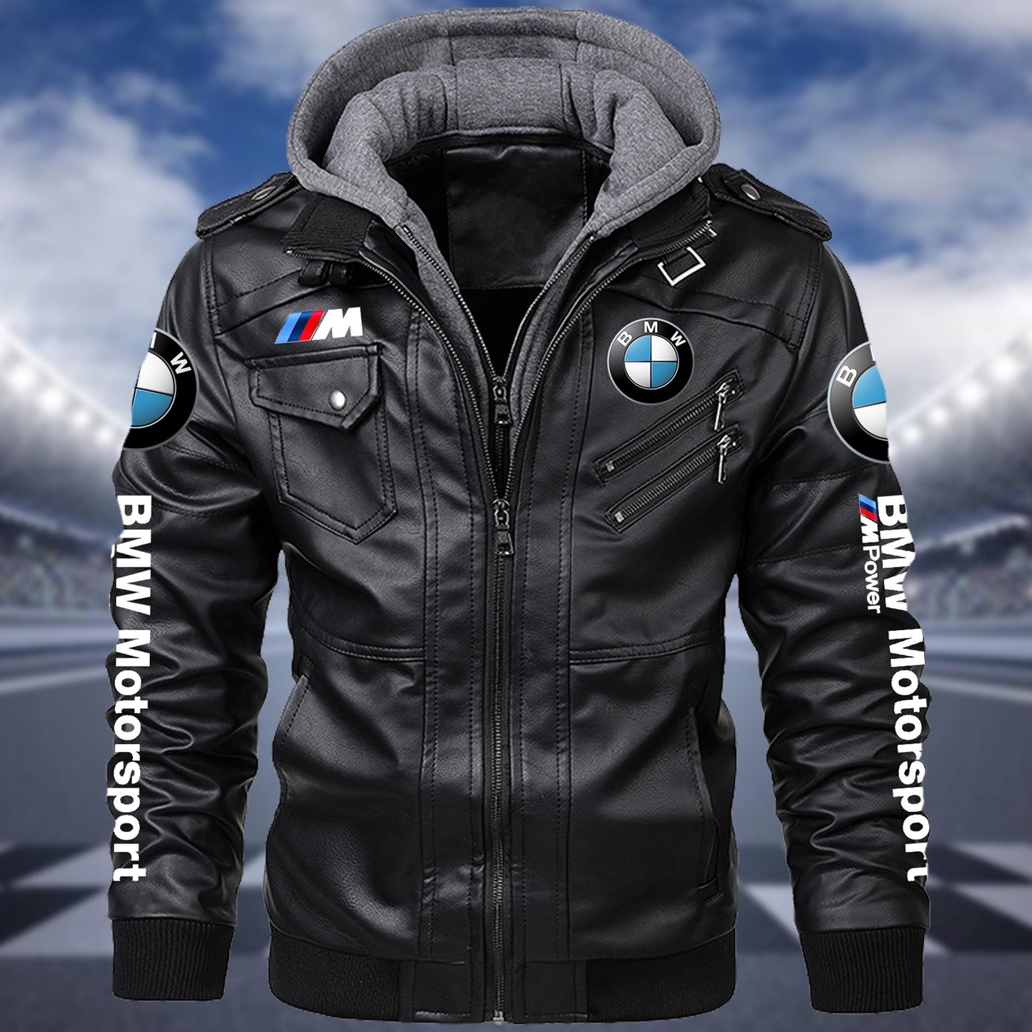 Personaziled BW Driving Zip Leather Jacket with Hood Black P030203