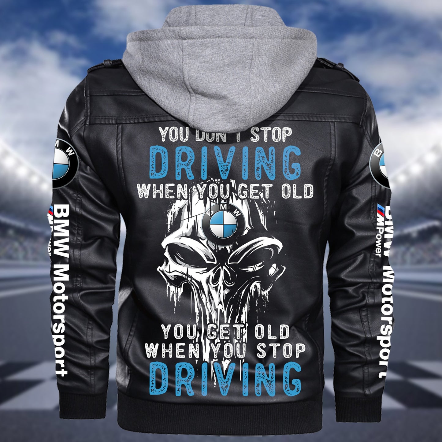Personaziled BW Driving Zip Leather Jacket with Hood Black P030203