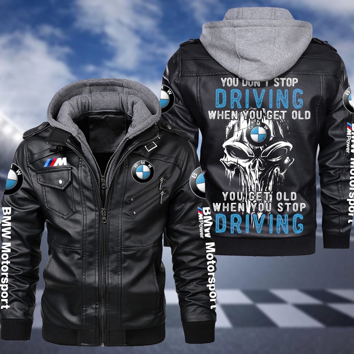 Personaziled BW Driving Zip Leather Jacket with Hood Black P030203