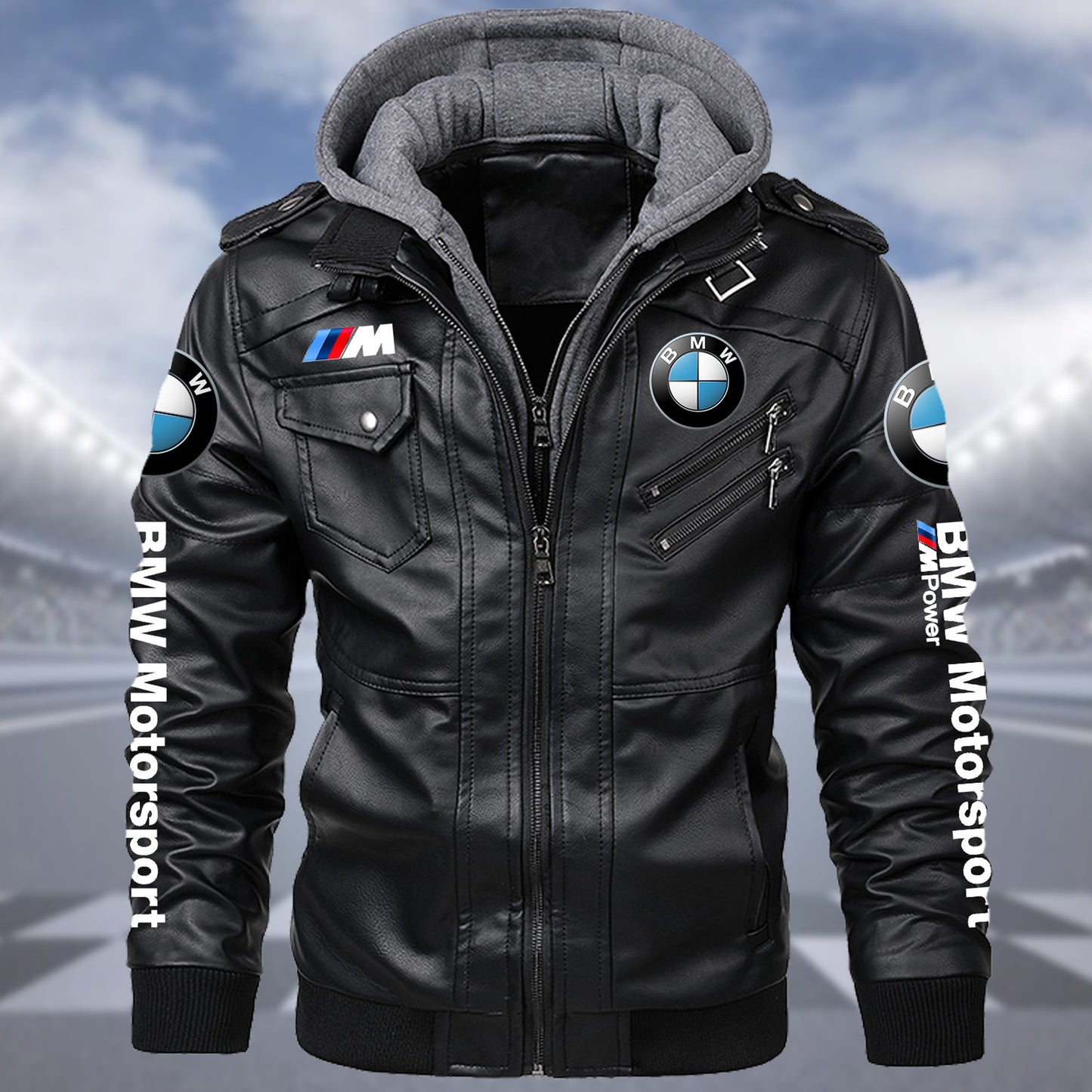 Personaziled BW something fun Zip Leather Jacket with Hood Black P210203