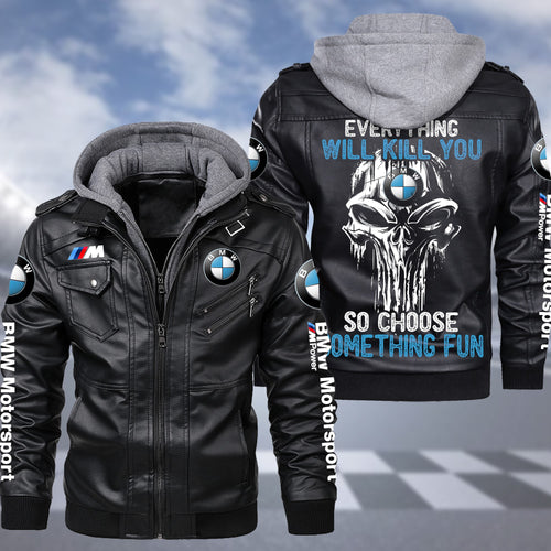 Personaziled BW something fun Zip Leather Jacket with Hood Black P210203