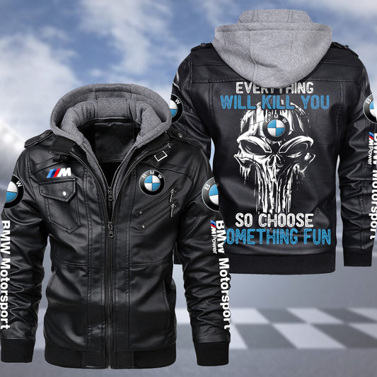 Personaziled BW something fun Zip Leather Jacket with Hood Black P210203