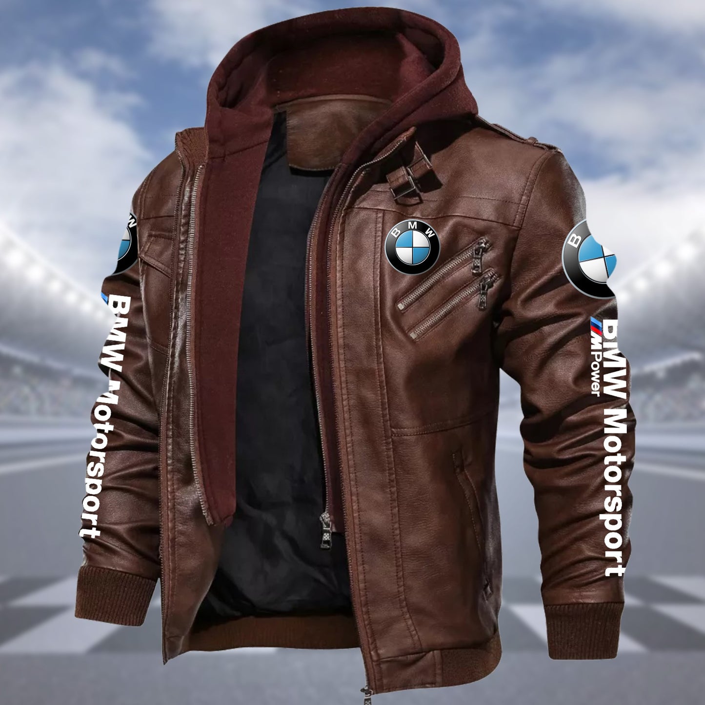 Personaziled BW something fun Zip Leather Jacket with Hood Brown P210203