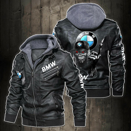 BW Skull Leather Jacket With Hood Black