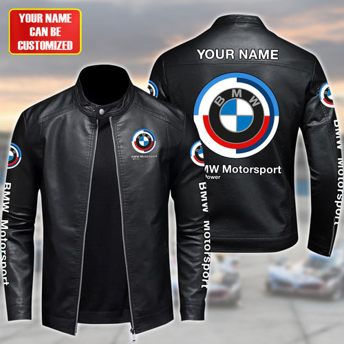 Personalized BW Leather Bomber Stand Collar Jacket P231103