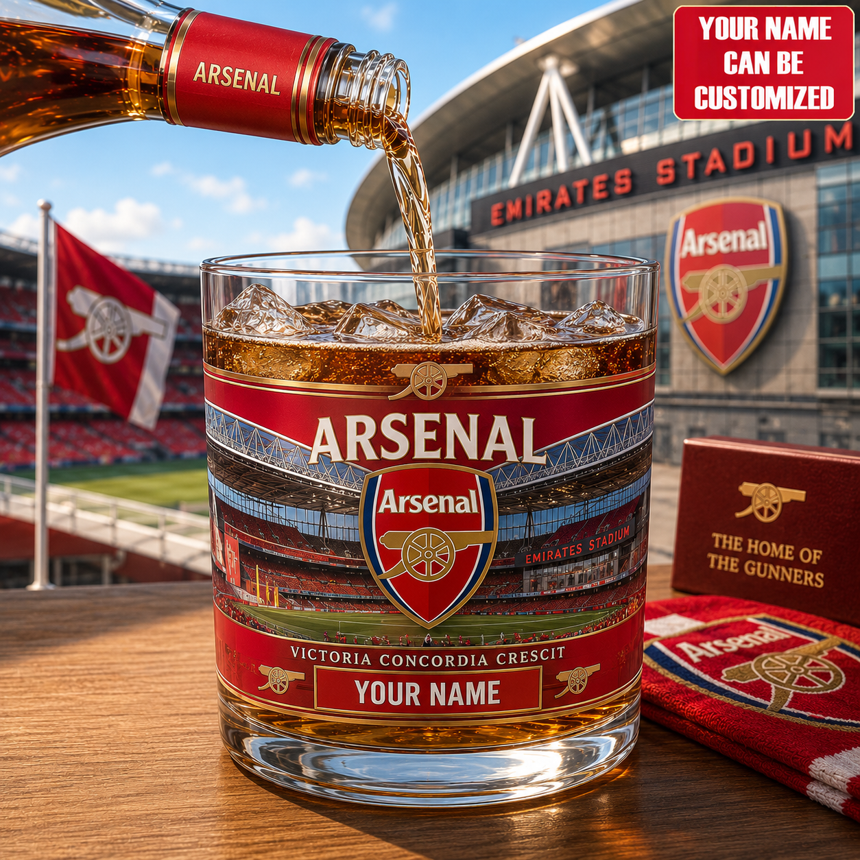 Personalized Arsenal Whiskey Glass, Holiday Gifts , Custom Gifts