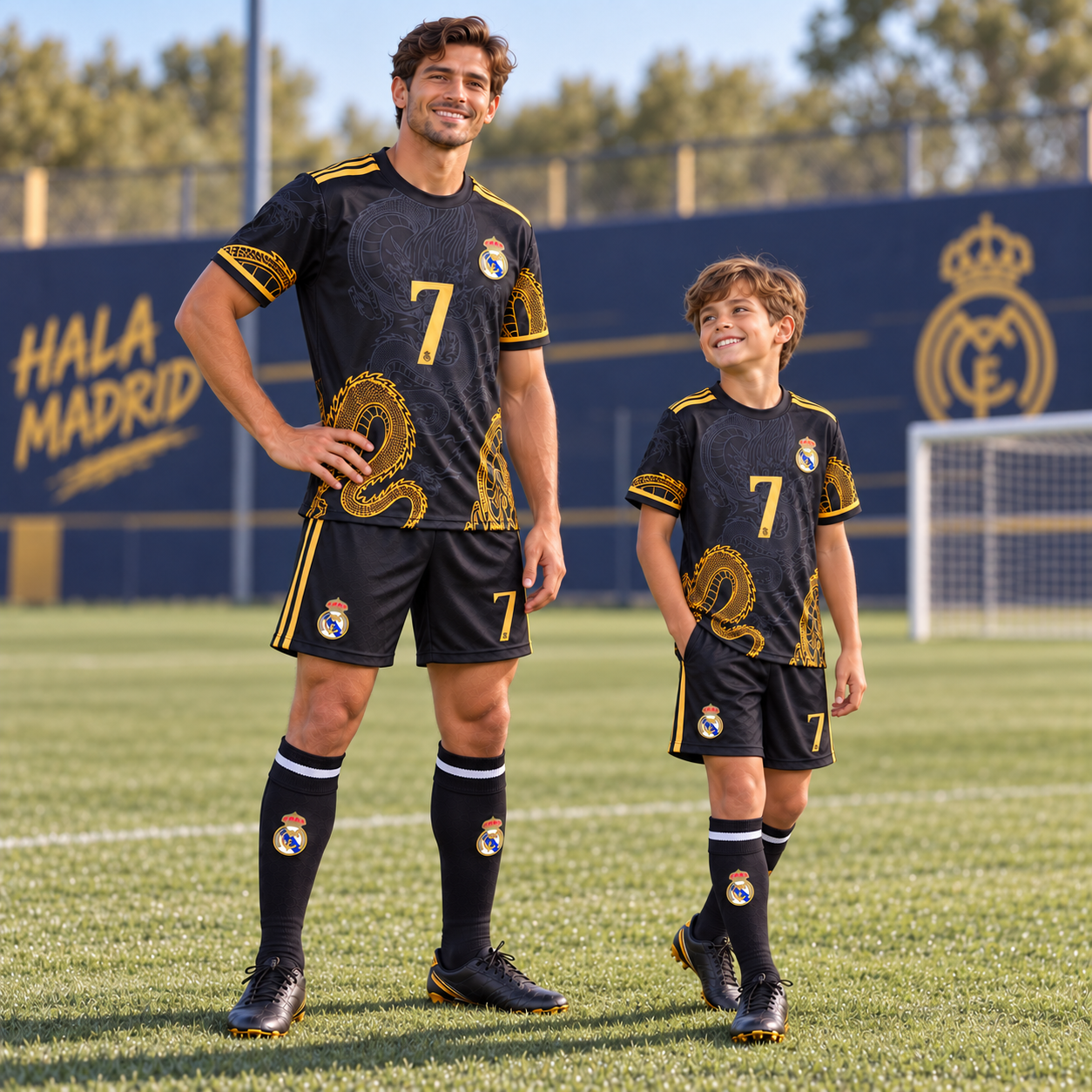 Real Madrid Ronaldo Black Dragon Soccer Jersey Kit & Shorts with Socks Set for Boys and Girls Vintage Youth Sizes