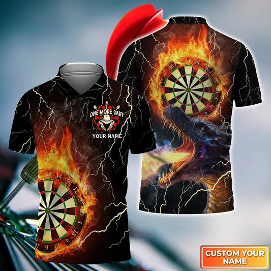 Thunder Flame Bullseye Dartboard Personalized Name 3D Dragon And Darts Polo Shirt For Dart Team Player