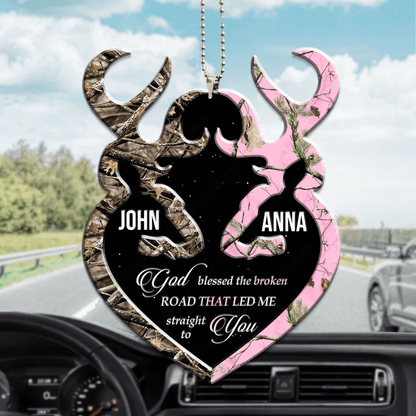 Personalized Buck And Doe Heart God Blessed Car Ornament