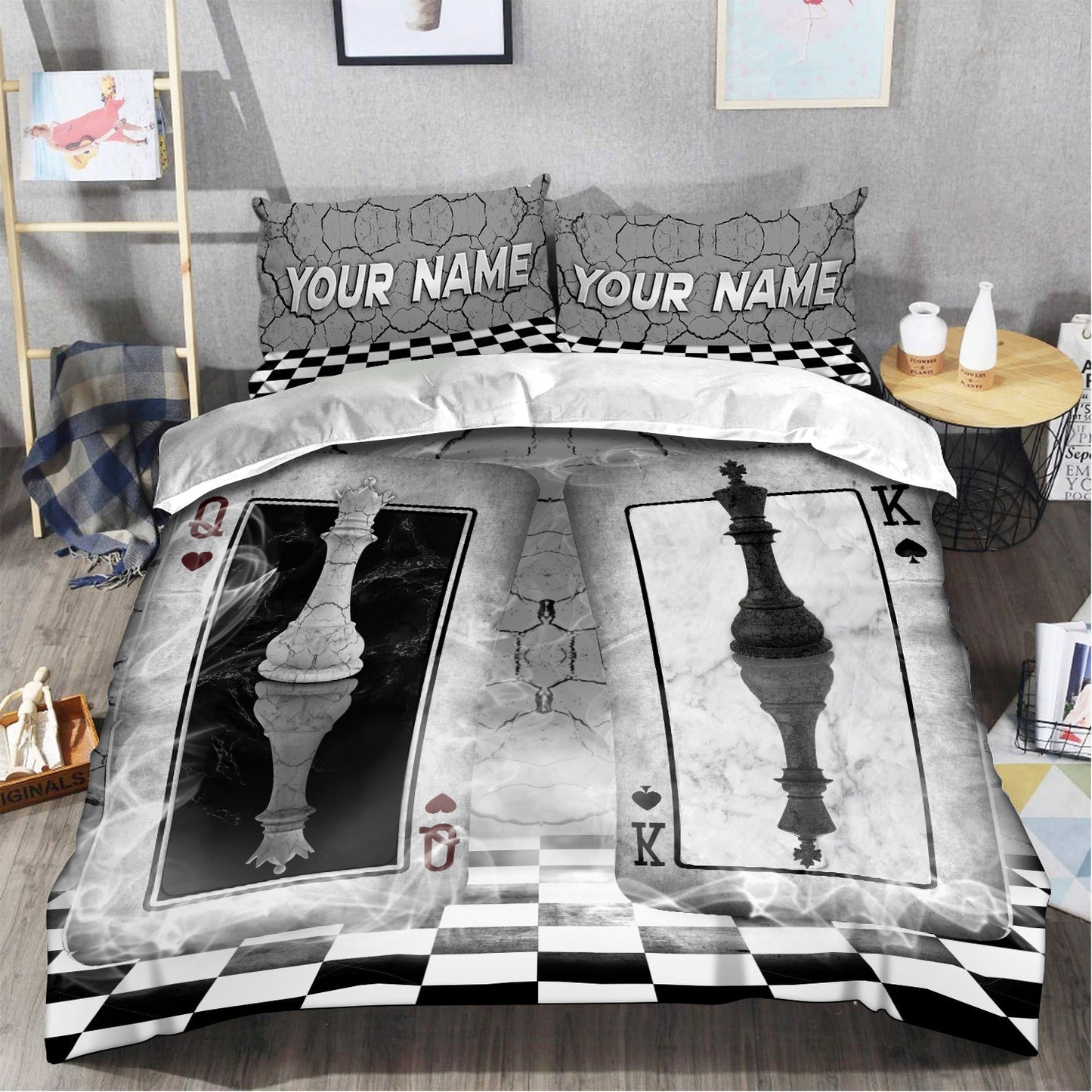 Personalized Name Queen And King Chess All Over Printed Bedding Set