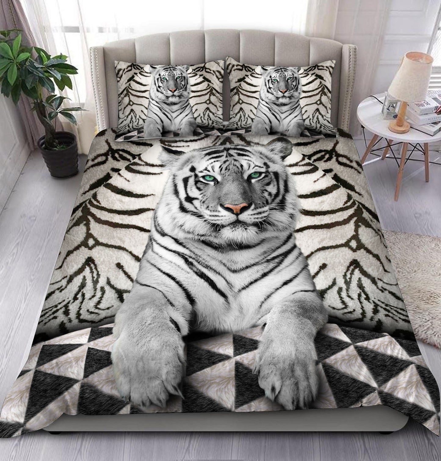 White Tiger Green Eyes All Over Printed Bedding Set