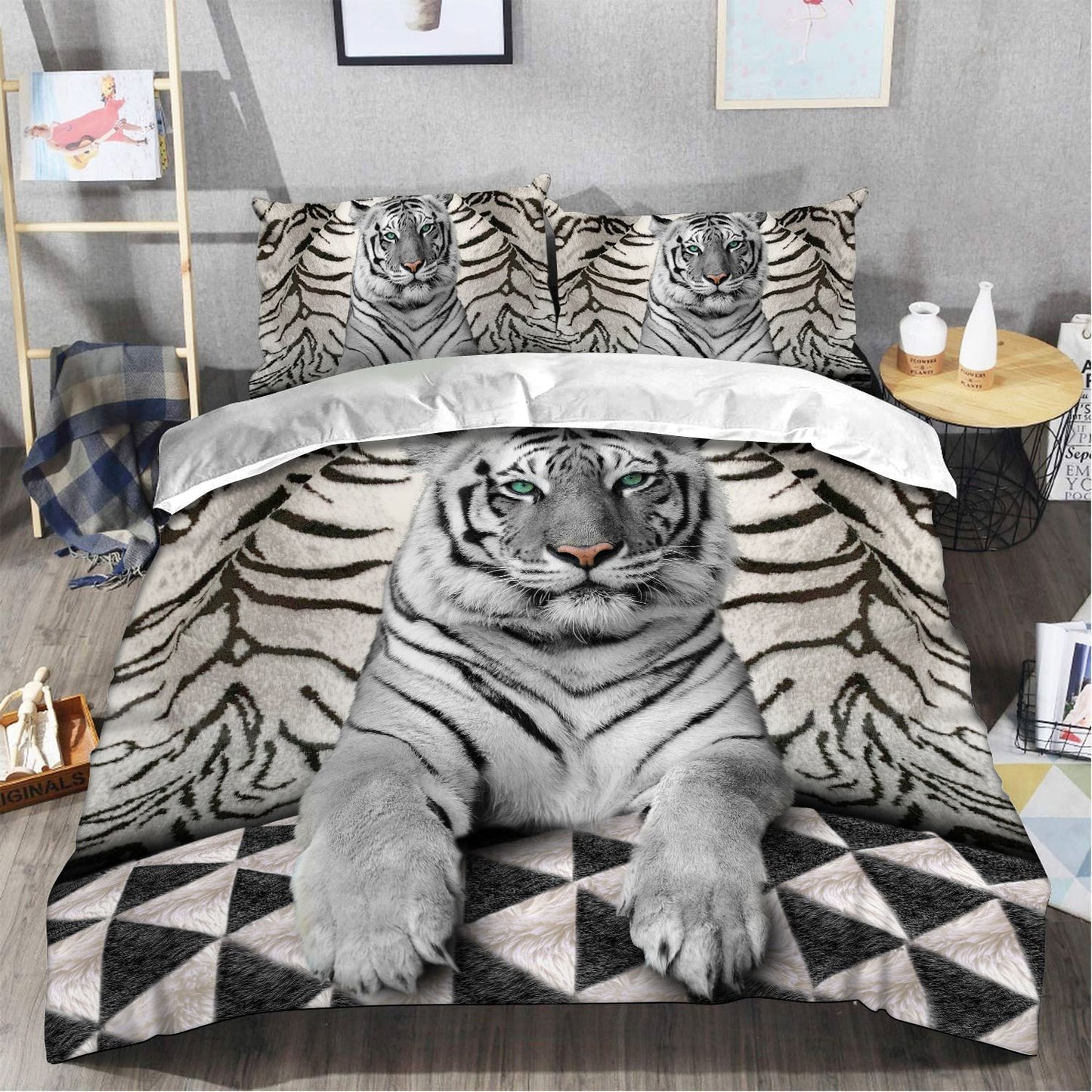 White Tiger Green Eyes All Over Printed Bedding Set