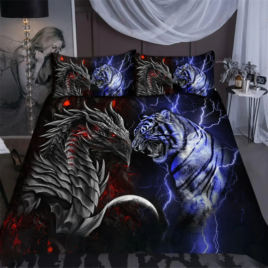 Blue Tiger Vs Red Dragon All Over Printed Bedding Set