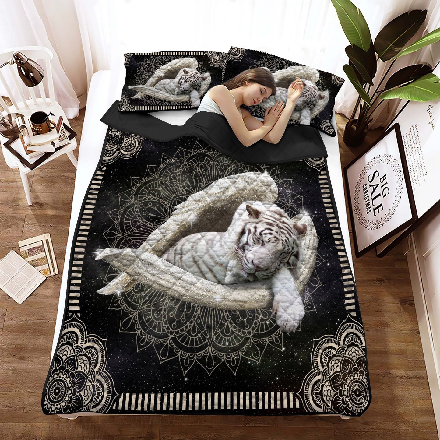 White Tiger Angel Mandala Quilt Bedding Set
