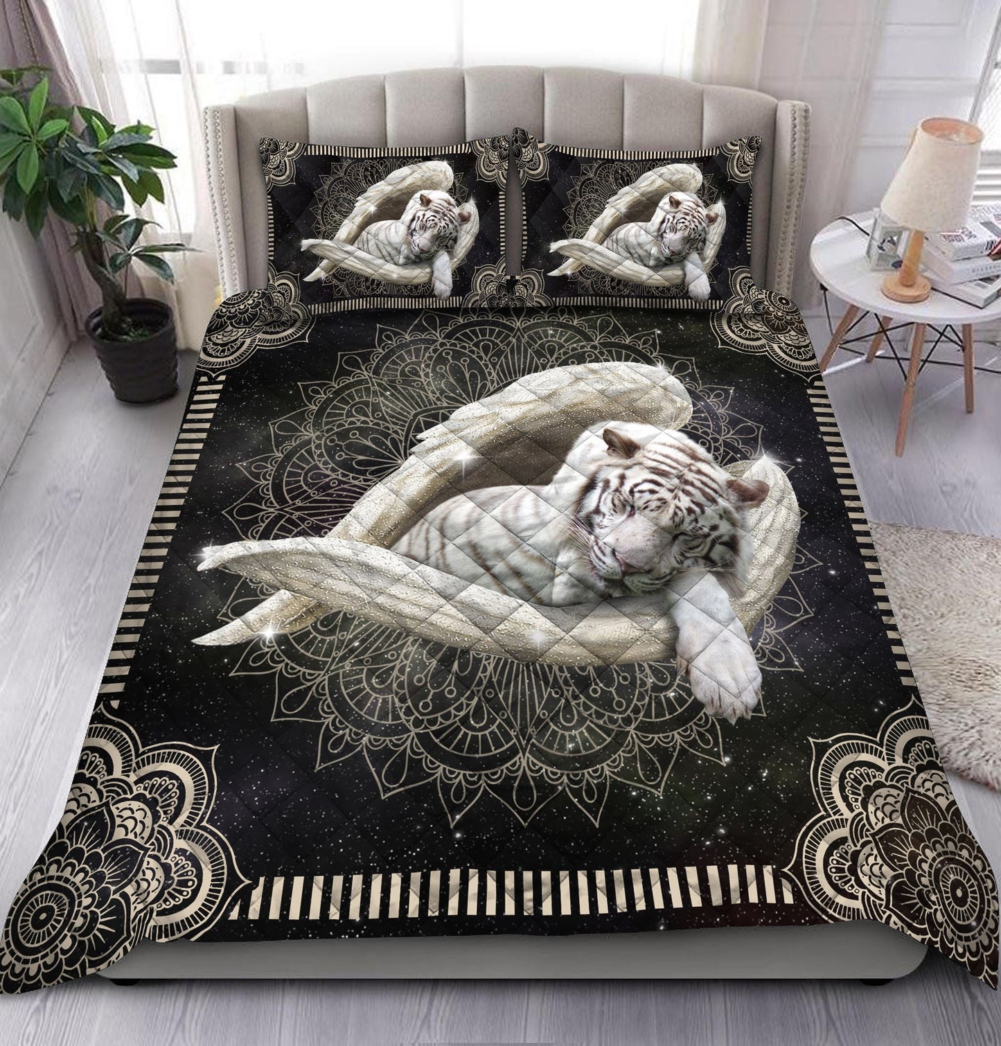 White Tiger Angel Mandala Quilt Bedding Set