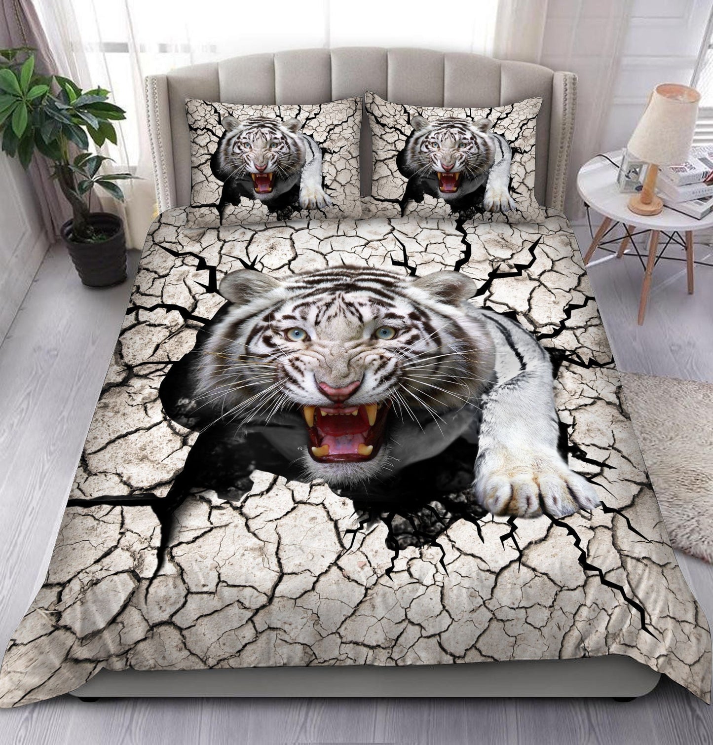 White Tiger Crack All Over Printed Bedding Set