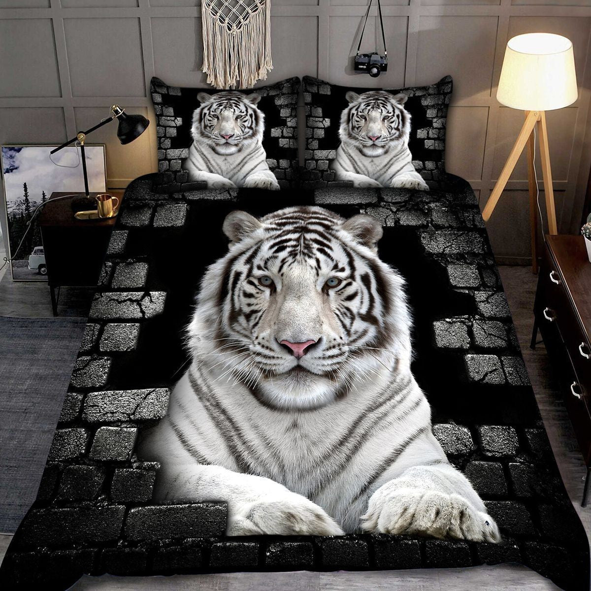 Cool White Tiger Wall All Over Printed Bedding Set Q051004