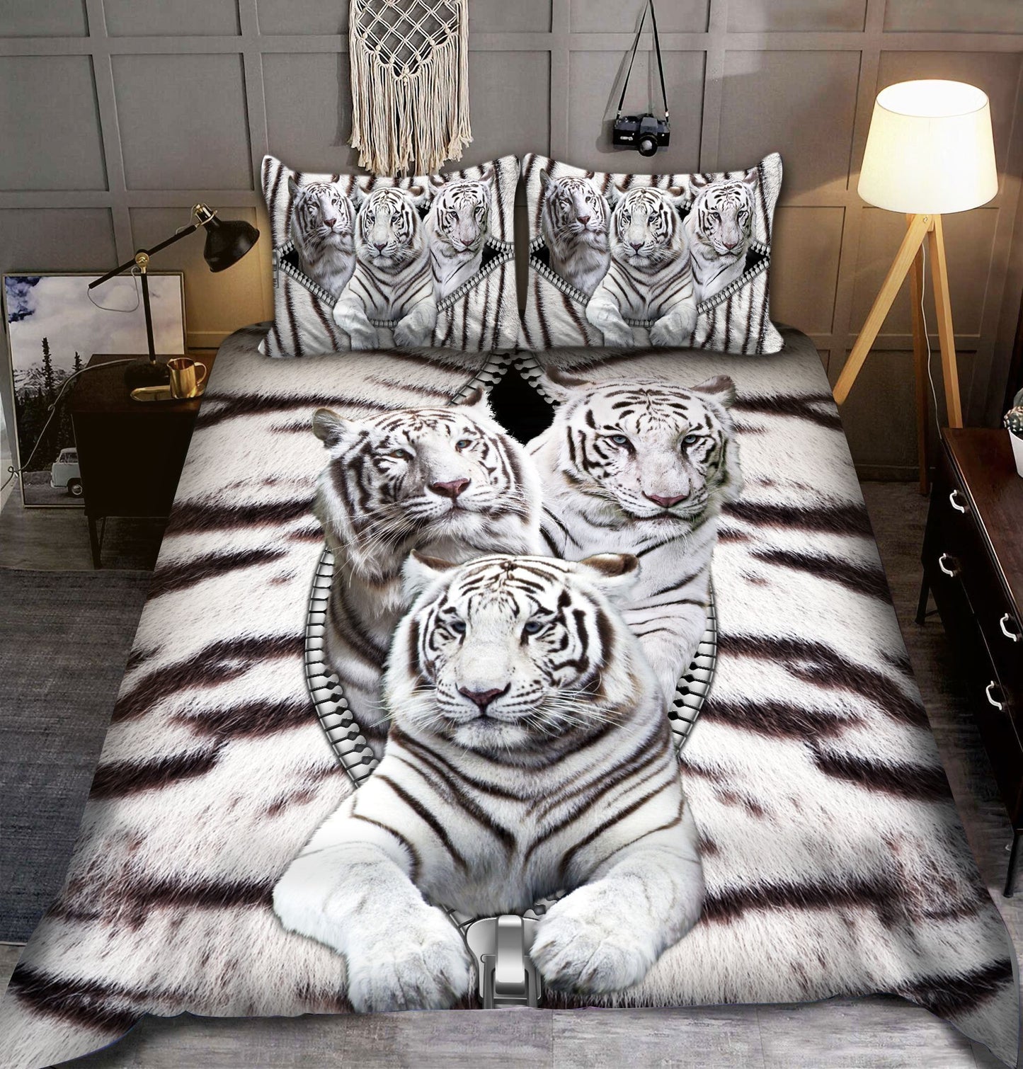 White Tiger Zipper All Over Printed Bedding Set