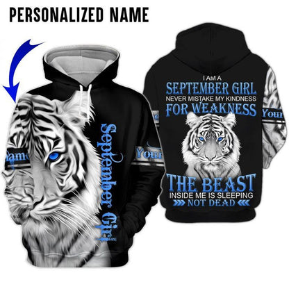 Personalized Name September Girl White Tiger 3D All Over Printed Clothes