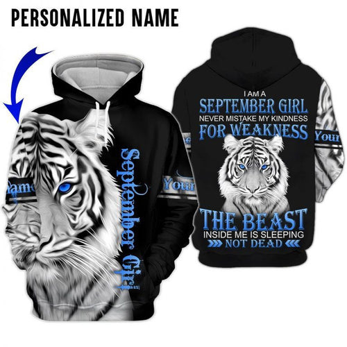 Personalized Name September Girl White Tiger 3D All Over Printed Clothes