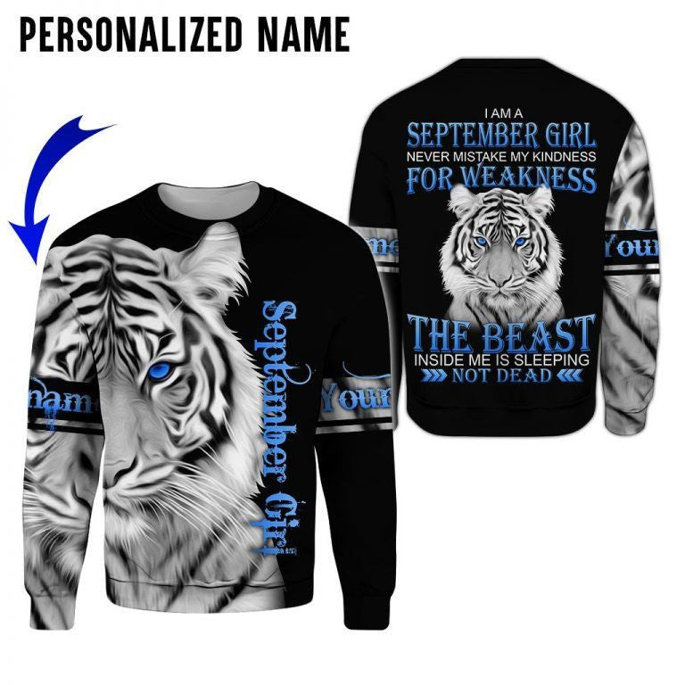 Personalized Name September Girl White Tiger 3D All Over Printed Clothes