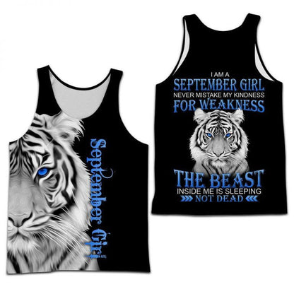 Personalized Name September Girl White Tiger 3D All Over Printed Clothes
