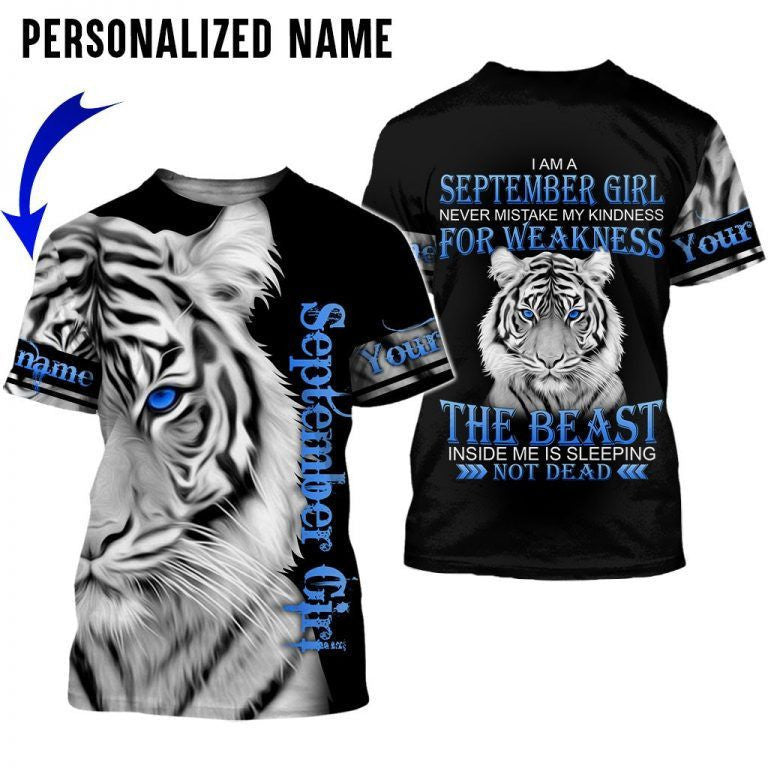 Personalized Name September Girl White Tiger 3D All Over Printed Clothes