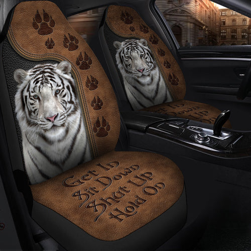 Cool White Tiger Hold on Funny Car Seat Covers Universal Fit Set 2