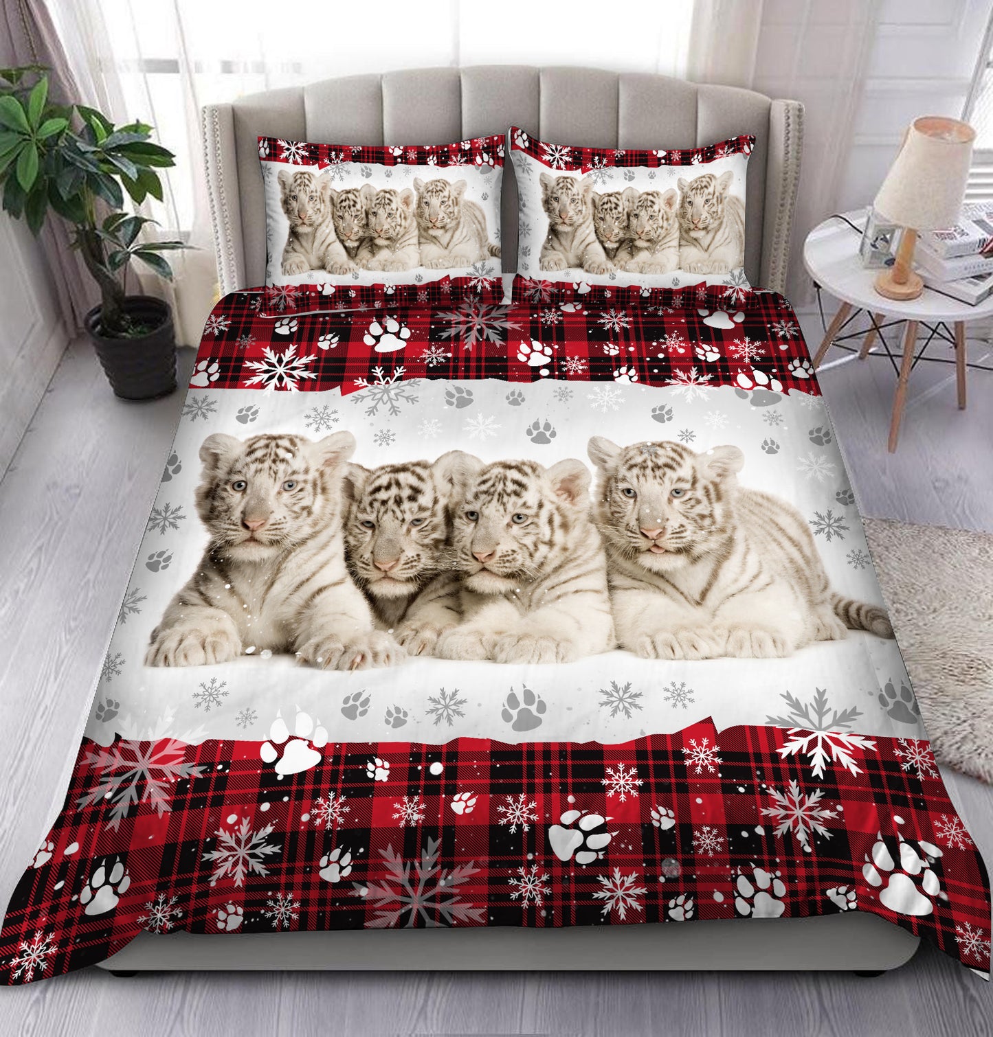 Cute White Tiger Christmas All Over Printed Bedding Set