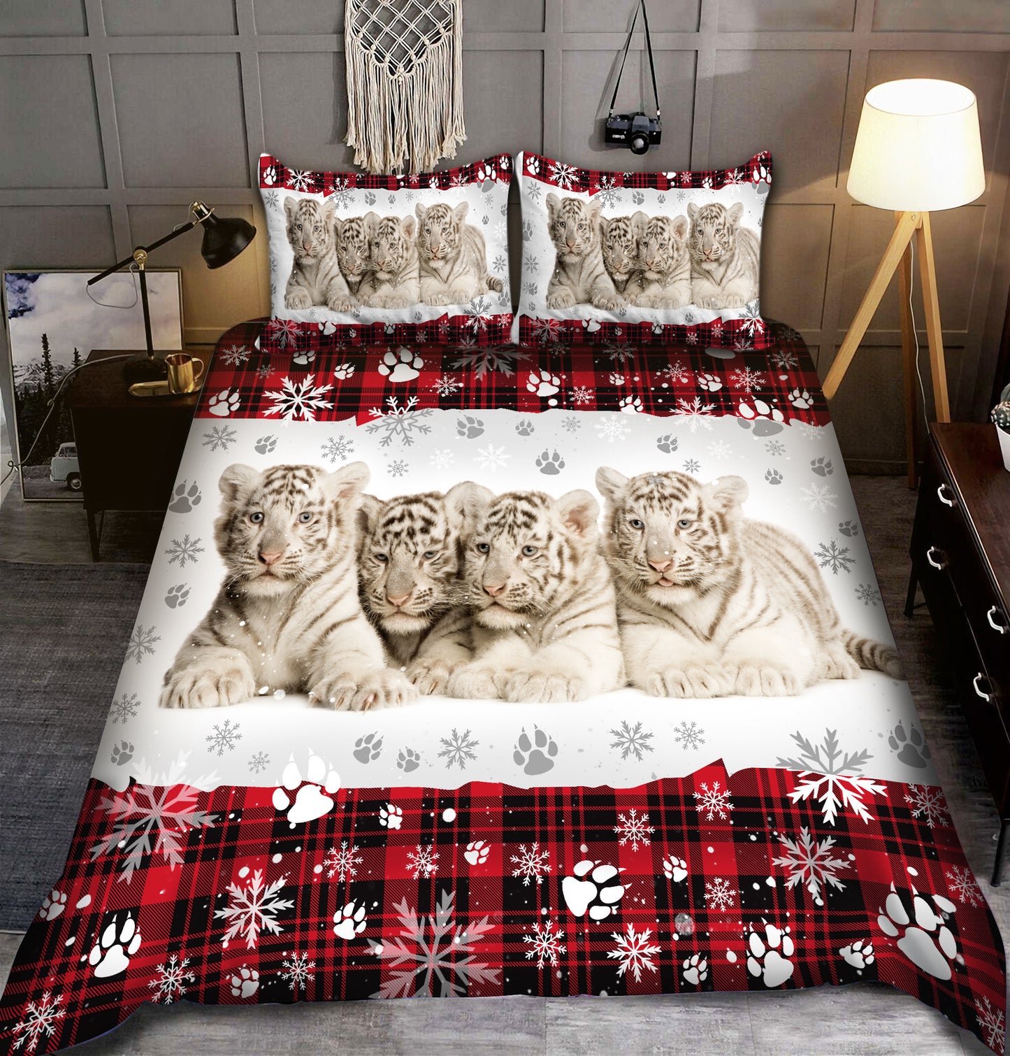 Cute White Tiger Christmas All Over Printed Bedding Set