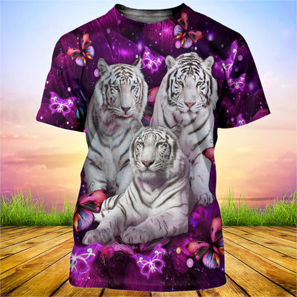 White Tiger Purple Flower 3D All Over Printed Unisex Shirt